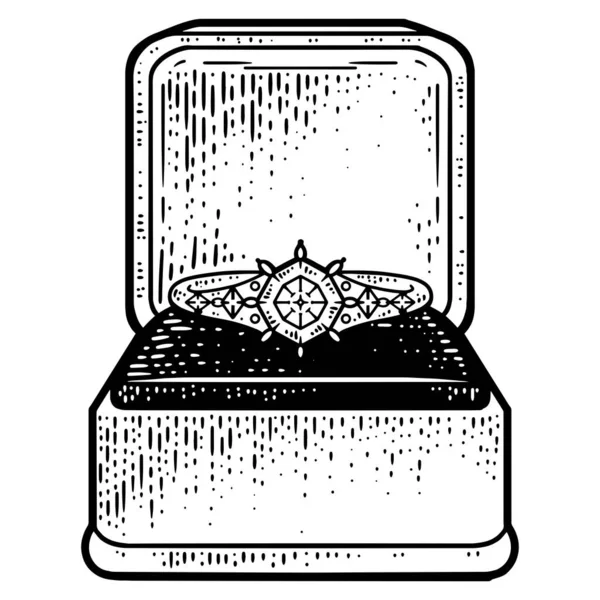 Векторне кільце взаємодії з прозорою діамантовою коробкою для ювелірних виробів крупним планом ізольовано на білому тлі. Лінійна художня ескізна картина. Рука намальована . — стоковий вектор
