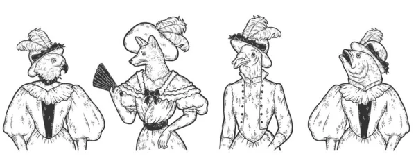 Tierfrauen machen sich auf den Weg. Vintage-Kleidung Fuchs, Fisch, Vogel und Truthahn. Raster-Illustration, Skizze. — Stockfoto