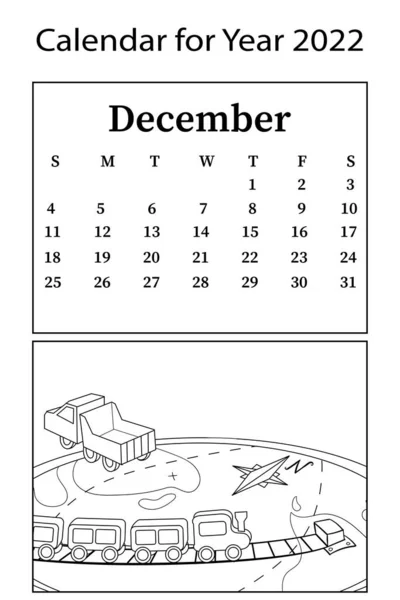 Calendario para 2022. Mes de diciembre. Libro para colorear vector. Juguetes infantiles. — Archivo Imágenes Vectoriales