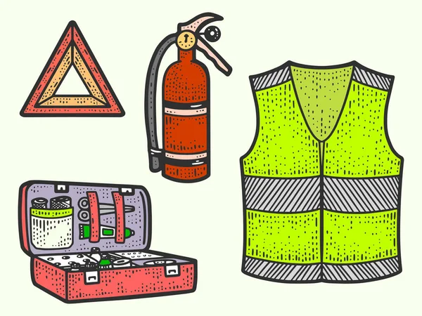 Car emergency kit color. Line art sketch picture, raster. Hand drawn. Engraved for and T-shirts or tattoo. — Stock Photo, Image