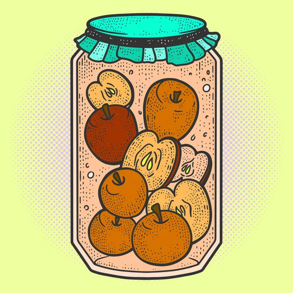 Apple compote. Preservation for the winter. Sketch scratch board imitation. Pop art sketch picture, raster. — Stock Photo, Image