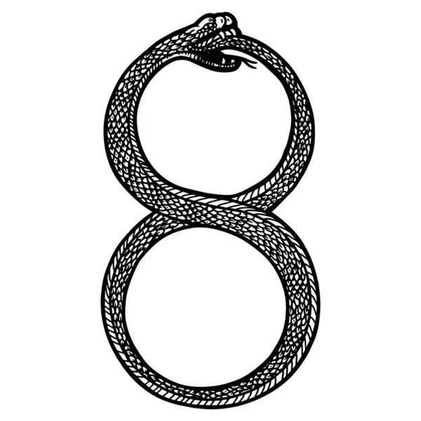 오로 보로스. 인피니티 사인, 위험 한 뱀. 직선 미술 스케치 사진. — 스톡 벡터