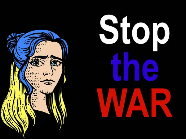 Stop de oorlog. Slogan op de poster, Oekraïense vrouw huilt. oorlog tussen Rusland en Oekraïne. — Stockfoto