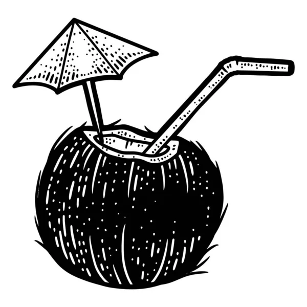 Letní koktejl, kokos s tubulemi. Obraz kresby čáry. Ruční kreslení. — Stockový vektor