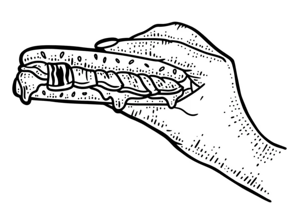 A mão está segurando sanduíche. Imagem de esboço de arte de linha. Desenhado à mão. — Vetor de Stock