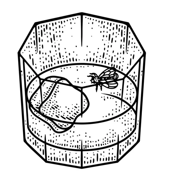A mosca flutua num copo de uísque. Imagem de esboço de arte de linha. Desenhado à mão. — Vetor de Stock