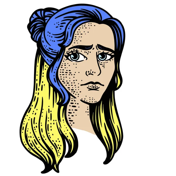 Σύμβολο της Ουκρανίας. Λυπηρό κορίτσι με βαμμένα μαλλιά, ουκρανική σημαία. Εικόνα σκίτσο γραμμής. — Διανυσματικό Αρχείο