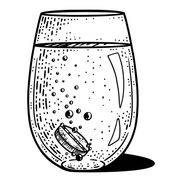 Lék, šumivá tableta ve sklenici vody. Obraz kresby čáry. Ruční kreslení. — Stock fotografie