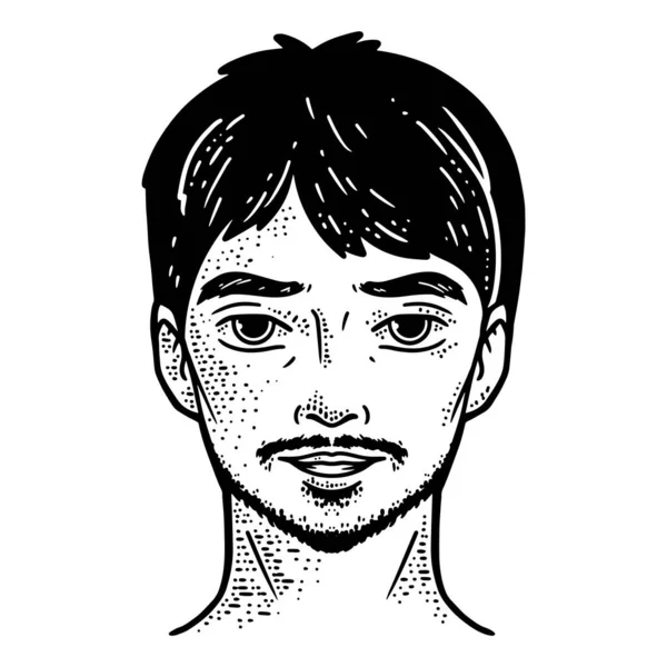 Голова, молодий хлопець з вусами. Лінійна художня ескізна картина. Рука намальована . — стоковий вектор