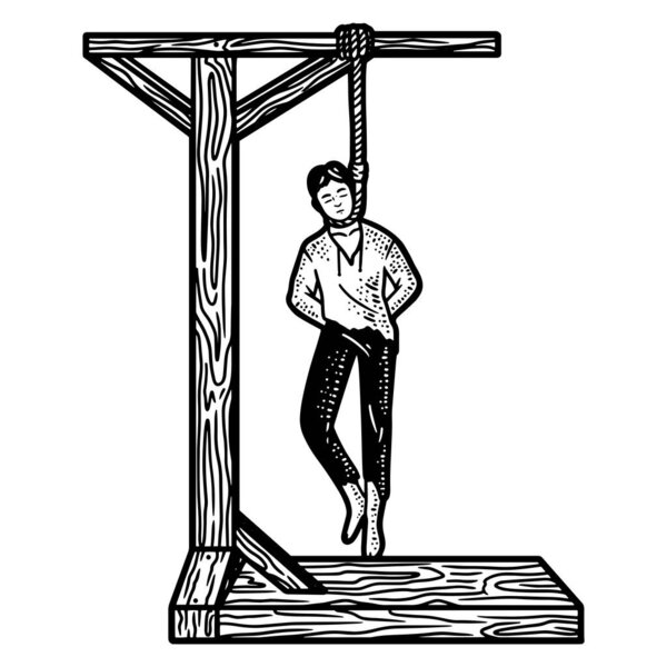 Gallows and the hanged man. Line art sketch picture. Hand drawn.