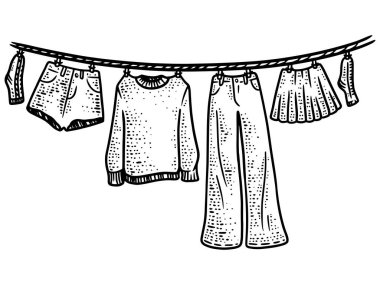 İpte asılı elbiseler. Çizgi çizimi resmi. El çizimi.