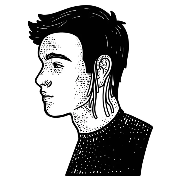 Macarrão na orelha, jovem, lado. Imagem de esboço de arte de linha. Desenhado à mão. — Fotografia de Stock