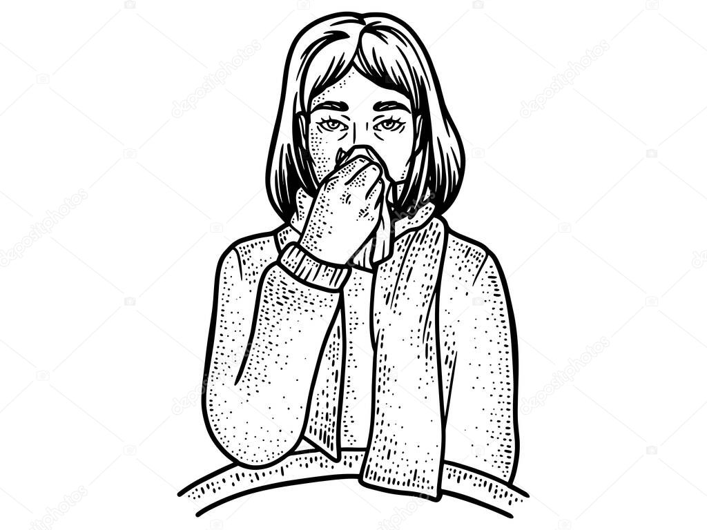 Girl cold or flu symptoms. Female character have rheum.