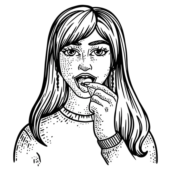 A rapariga engole comprimidos. Tomar medicamentos, tratamento. Imagem de esboço de arte de linha. Desenhado à mão. — Vetor de Stock