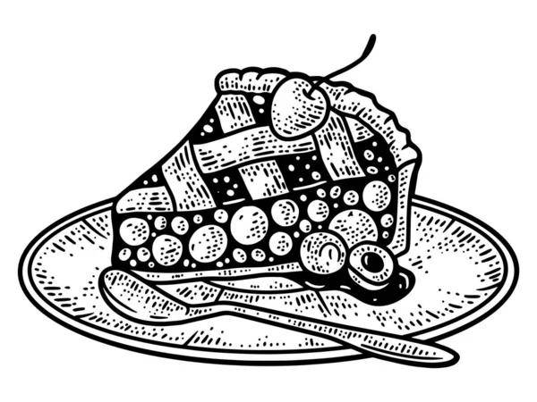 Kirschkuchen, Kuchenstück auf Teller. Linienkunst Skizzenbild. Handgezeichnet. — Stockvektor