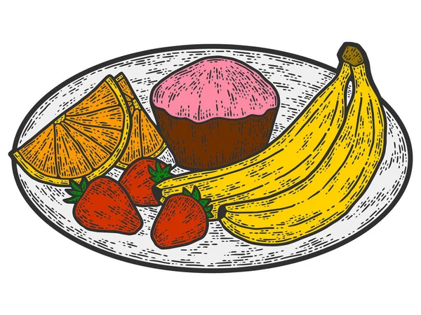На тарелке торт и фрукты. Картинка из художественного эскиза. Рисунок. — стоковое фото