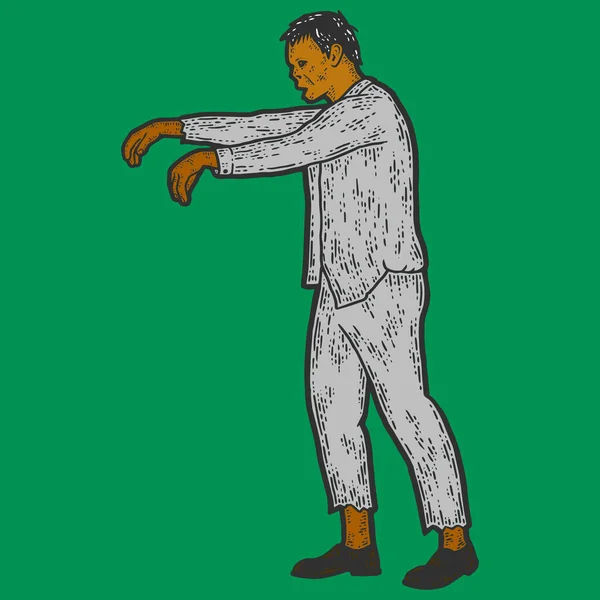 Zombie con los brazos levantados, de cuerpo entero. Dibujo de línea de arte. Dibujado a mano. — Archivo Imágenes Vectoriales