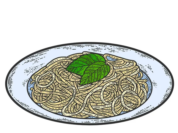 Plate with spaghetti color. Line art sketch picture. Hand drawn. — ストック写真