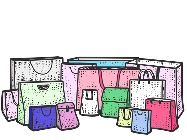 Sacos de embalagem coloridos, conjunto. Imagem de esboço de arte de linha. Desenhado à mão. —  Vetores de Stock