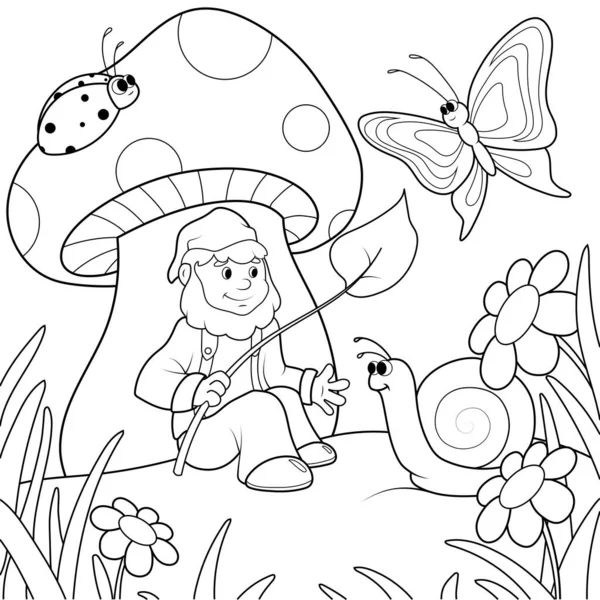 Děti zbarvení, gnóm vidí pod houby a komunikuje s hmyzem a slimáky. Černé čáry, bílé pozadí. — Stock fotografie