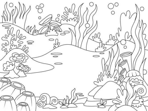 Children coloring, seabed landscape, marine plants. Black lines, white background.