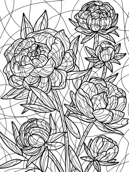 Flores peonías. Libro para colorear antiestrés para niños y adultos. — Vector de stock