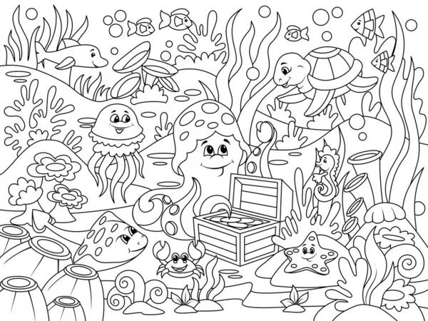 Dzieci kolorowanki, podwodny świat. Morska przyroda, zwierzęta i ryby. Raster ilustracja, kolorowanki. — Zdjęcie stockowe