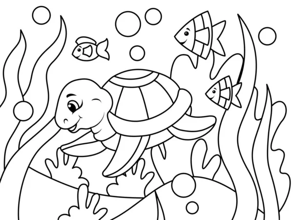 Kinder malen, Unterwasserwelt. Schildkröte schwimmt zwischen Algen und Fischen. Vektorillustration, Malbuch. — Stockvektor