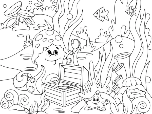 Children coloring book. Sea dweller, octopus, open chest with gold, algae and fish. — Foto de Stock