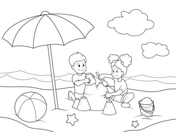 Children play on the beach. Children coloring book. — Foto Stock