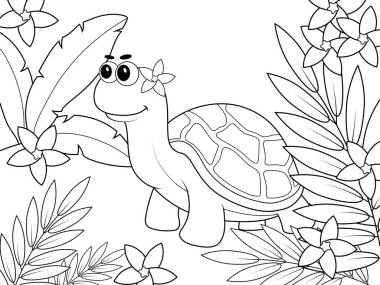 Turtle in exotic forest. Children coloring book. clipart