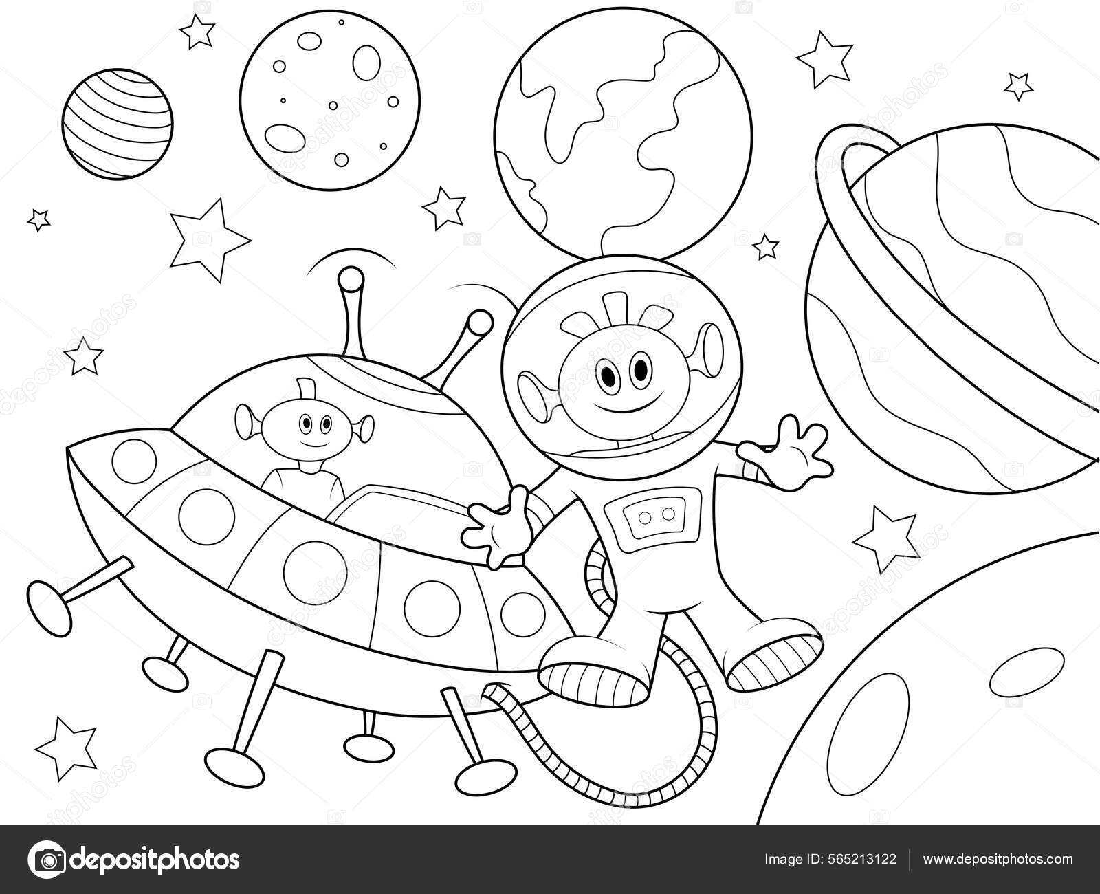 Arte de estilo de livro de colorir infantil Alien Simple Line Art