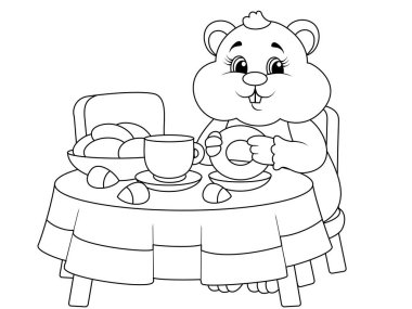 Rodent, hamster eats at the table. Children coloring book. clipart