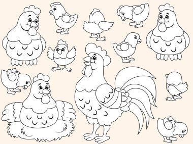Çiftlik tavukları, tavuk, horoz ve piliçler farklı pozlarda. Etiketler için izole edilmiş hayvanlar. Çocuk boyama kitabı.