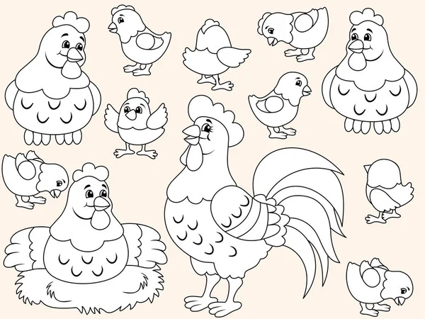 Farm poultry, hen, rooster and chicks in different poses. Isolated animals for stickers. Children coloring book.