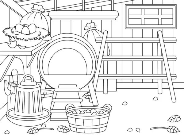 The interior of an agricultural building. Chicken coop with furniture and items. Children coloring book. — Stock Photo, Image