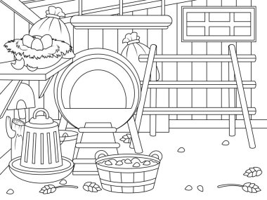 Bir tarım binasının içi. Mobilyalı tavuk kümesi. Çocuk boyama kitabı.