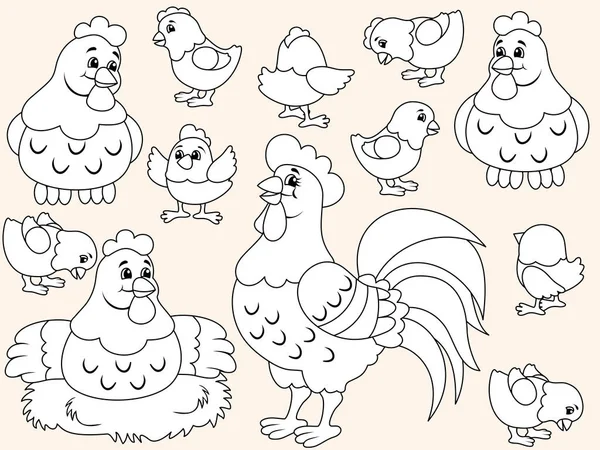 Farm poultry, hen, rooster and chicks in different poses. Isolated animals for stickers. Children coloring book. — 스톡 벡터