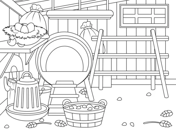 The interior of an agricultural building. Chicken coop with furniture and items. Children coloring book. — стоковый вектор