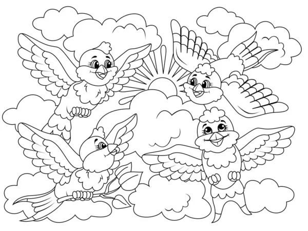 Four sparrows in the sky. Children coloring book. — Vettoriale Stock