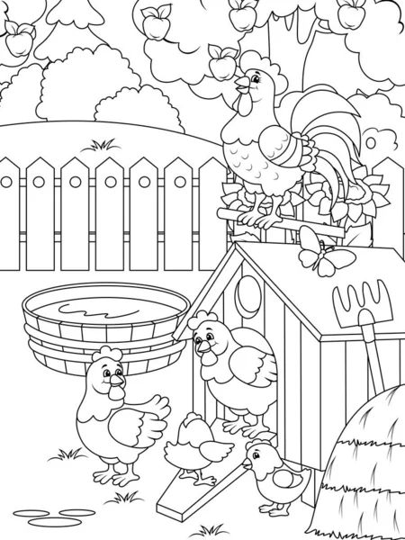 Agriculture, yard. Bird farm. Chickens in the yard. Children coloring book. — Stock Vector