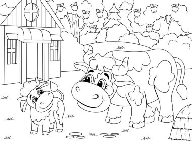 Tarım bahçesi. İnek ve buzağı. Çocuk boyama kitabı.