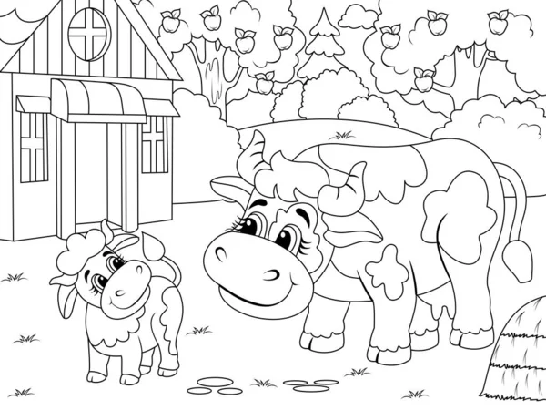 Agricultural yard. Cow and calf. Children coloring book. — Stock Photo, Image