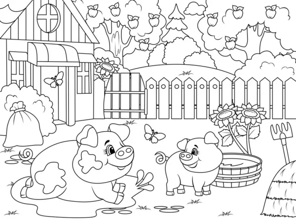 Agricultural yard. Pig and piglet. Children coloring book. — ストック写真