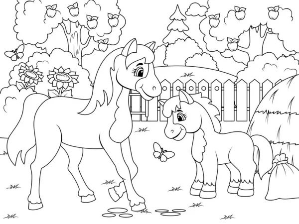 Сільськогосподарський двір. Кінь і лоша. Дитяча розмальовка . — стокове фото