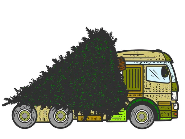 Yeni yıl için bir kamyon ağaç taşır. Çizim tahtası taklidi. — Stok Vektör