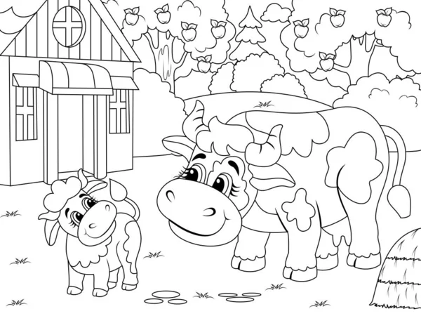 Agricultural yard. Cow and calf. Children coloring book. — Stock Vector