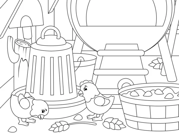 Chickens are playing in the coop. Childrens coloring, black lines, white background. — Foto de Stock