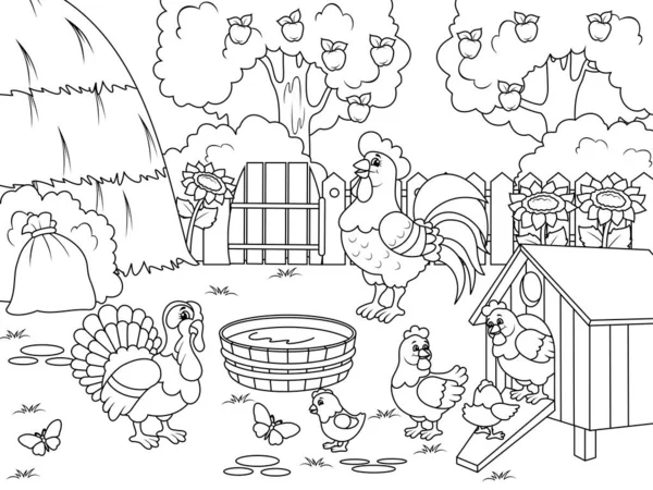 Ptačí dvůr, farma. Kuřata a krocan se procházejí po dvoře. Dětské zbarvení, černé čáry, bílé pozadí. — Stock fotografie