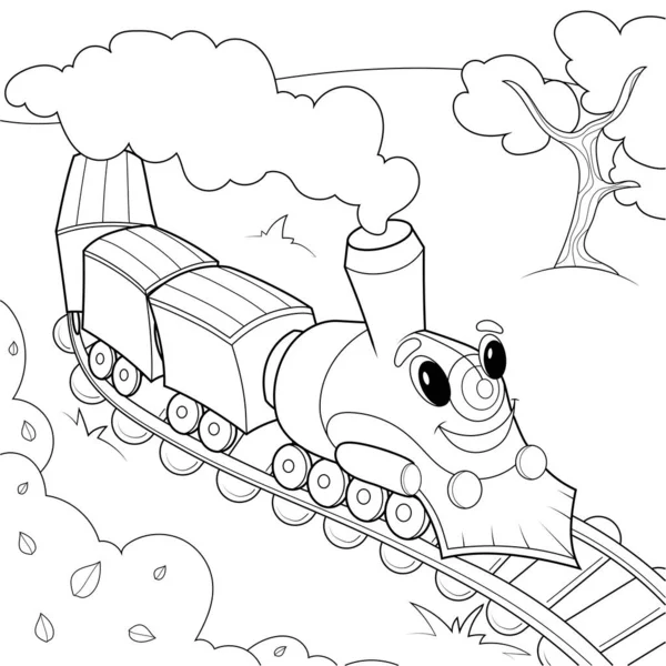Vidám vonat, arccal a síneken a mezőn. Gyermek színezés, fekete vonalak, fehér háttér. — Stock Fotó